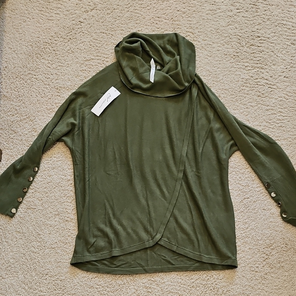 NY Collection Green Cowl Neck Sweater Lightweight Casual